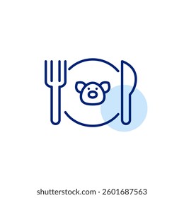 Pig on plate, knife and fork. Food containing pork. Pixel perfect, editable stroke vector icon