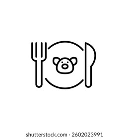 Pig on plate, knife and fork. Food containing pork. Pixel perfect, editable stroke vector icon