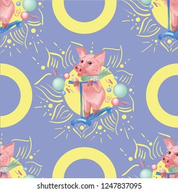 Pig on scooter pattern vector illustration. Creative background of pig wearing scarf on sun pattern over purple. New Year concept. For web design, wrapping paper, greeting cards
