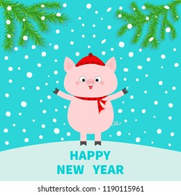 Pig on snowdrift. Happy New Year. Falling snow. Chinise symbol of 2019. Fir tree. Branch spruce Cute cartoon funny character. Flat design. Blue background. Vector illustration