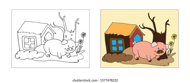 Pig on swamp coloring book design with monochrome and colored versions. Freehand sketch for adult anti stress coloring book page with doodle elements. Vector Illustrations for kids book.