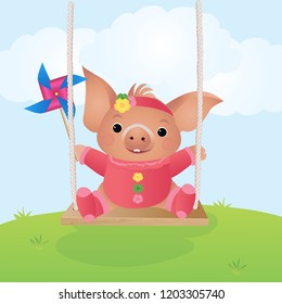 Pig on a swing. Vector illustration.