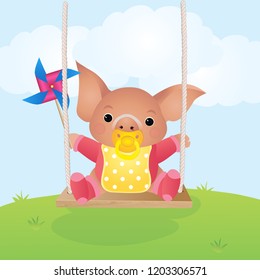 Pig on a swing. Vector illustration.