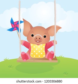 Pig on a swing. Vector illustration.