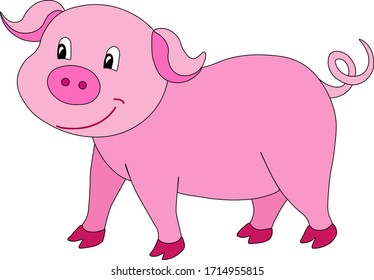 Pig on white background vector illustration, pink, pet, farm, cartoon style. Suitable for decoration and design of children's clothing, room, books, ABC, notebooks, cards, gifts, Wallpaper, prints.