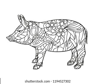 Pig on white. Hand drawn animal with intricate patterns on isolated background. Design for spiritual relaxation for adults. Black and white illustration for coloring. Zen art. Zentangle