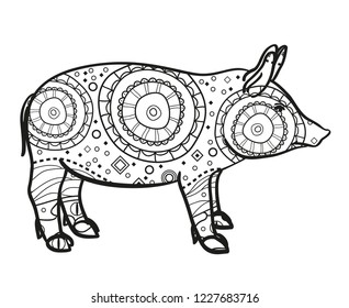 Pig on white. Hand drawn animal with intricate patterns on isolated background. Design for spiritual relaxation for adults. Image for banners, flyers and textiles. Zen art. Zentangle