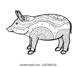 Pig on white. Hand drawn animal with intricate patterns on isolated background. Design for spiritual relaxation for adults. Image for banners, flyers and textiles. Zen art. Zentangle