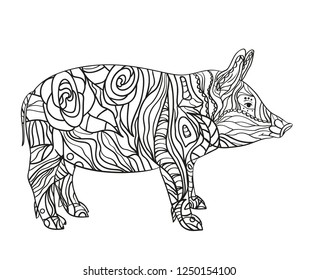 Pig on white. Hand drawn animal with intricate patterns on isolated background. Design for spiritual relaxation for adults. Image for your banner, flyer or textile. Black and white illustration