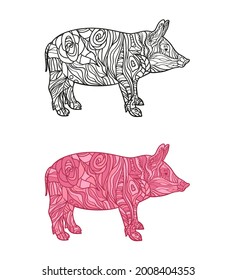 Pig on white. Hand drawn abstract animal on isolated background. Abstract ornate character. Different color options
