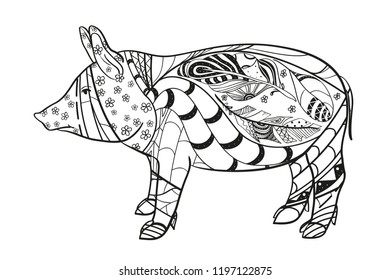 Pig on white. Zen art. Zentangle. Hand drawn animal with intricate patterns on isolated background. Design for spiritual relaxation for adults. Black and white illustration for coloring. Print