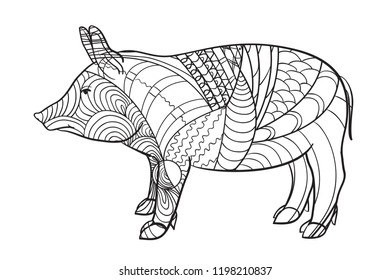 Pig on white. Zen art. Zentangle. Hand drawn animal with intricate patterns on isolated background. Design for spiritual relaxation for adults. Black and white illustration for coloring. Print