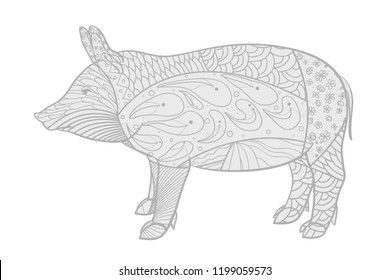 Pig on white. Zen art. Zentangle. Hand drawn animal with intricate patterns on isolated background. Design for spiritual relaxation for adults. Black and white illustration for coloring. Print