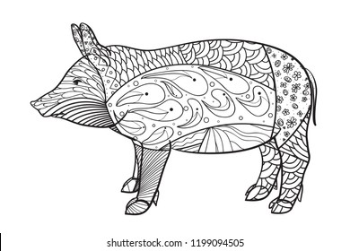 Pig on white. Zen art. Zentangle. Hand drawn animal with intricate patterns on isolated background. Design for spiritual relaxation for adults. Black and white illustration for coloring