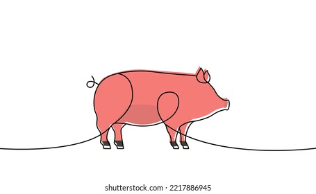 Pig one line colored continuous drawing. Piggy silhouette. Farm animal one line colorful illustration. Vector minimalist linear illustration.