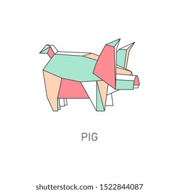 Pig origami figure in geometric flat outline style, vector illustration isolated on white background. Animal polygonal design, swine origami paper art icon