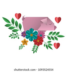 pig origami paper with floral decoration and hearts