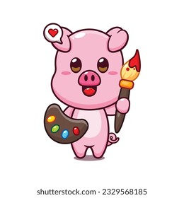 pig painter cartoon vector illustration.