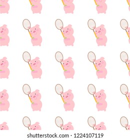 Pig palying Tennis.Seamless pattern,wallpaper,gift wrapping paper .
