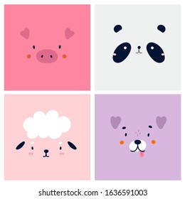 Pig, panda bear, sheep, dog. Set of Various Cute Animal faces without outline. Funny cartoon Muzzles. Colorful Hand drawn Vector square illustrations. All elements are isolated