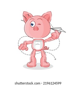 the pig with paper plane character. cartoon mascot vector