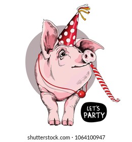 Pig in a Party cap and with a red funny whistle blowing. Vector illustration.