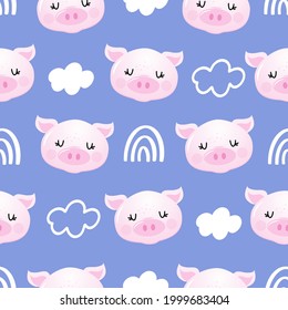 Pig pattern. Good night, sweet dreams - funny hand drawn doodle, seamless pattern. Lettering poster or t-shirt textile graphic design.  wallpaper, wrapping paper, blu background.