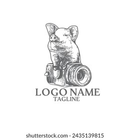 pig and photography vector hand drawn logo