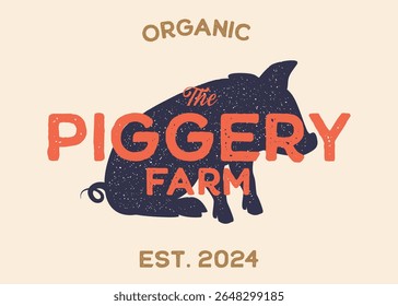 Pig or Piggery Farm with Pig Silhouette Vintage Retro Background. Ideal for branding organic farms, local produce markets, homesteading, animal husbandry, or artisanal food packaging.