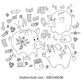 Pig piggy bank, banknotes and cash, money and coins, bank and income charts in style of linear doodles.Big set of business and finance elements. Vector illustration. Isolated elements For design