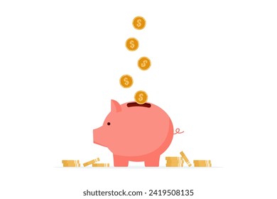 A pig piggy bank with coins being dropped into the piggy bank. The concept of saving money or opening a bank deposit. Investment in the form of a piggy bank. Vector illustration flat design style