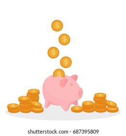 Pig piggy bank with coins vector illustration in flat style. The concept of saving or save money or open a bank deposit. The idea of an icon of investments in the form of a toy pig piggy bank.
