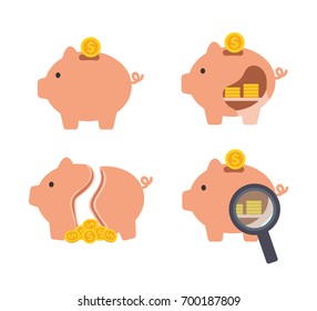 Pig Piggy Bank With Coins Vector Illustration In Flat Style. The Concept Of Saving Or Save Money Or Open A Bank Deposit. The Idea Of An Icon Of Investments In The Form Of A Toy Pig Piggy Bank.