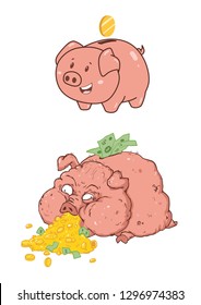 pig piggy Bank cute with one coin and fat scary sick disgusting rich vector illustration of greed