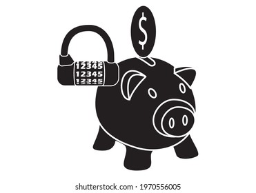 
Pig piggy bank with dolar coin and combination padlock. Guaranteed savings. Savings insurance