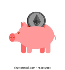 Pig piggy bank and etherium. Financial illustration. Accumulation of crypto currency. Vector illustration
