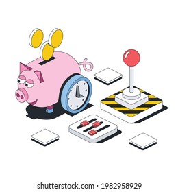 Pig piggy bank, financial management, investment account settings and options. Vector 3d line isometric, color web icons, new flat style. Creative design idea for infographics.