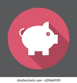 Pig, Piggy bank flat icon. Round colorful button, circular vector sign with long shadow effect. Flat style design