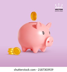 Pig piggy bank and gold coins. Money creative business concept. Realistic vector 3d design. Financial services. Safe finance investment. Website Landing. Stability, security of money storage. - Shutterstock ID 2187303929