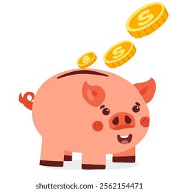 Pig piggy bank with gold coins on a white background. Pig piggy bank with coins . The concept of saving or save money or open a bank deposit. Piggy bank with coin Saving, investing 