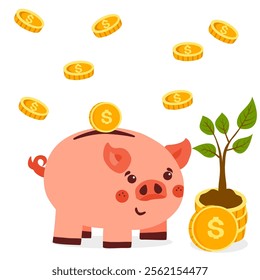 Pig piggy bank with gold coins on a white background. Pig piggy bank with coins . The concept of saving or save money or open a bank deposit. Piggy bank with coin Saving, investing 