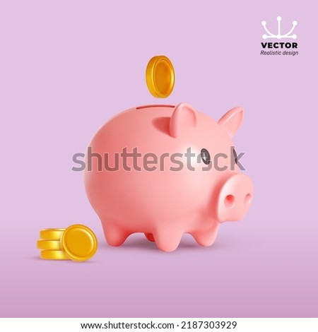 Pig piggy bank and gold coins. Money creative business concept. Realistic vector 3d design. Financial services. Safe finance investment. Website Landing. Stability, security of money storage.