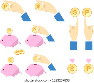 Pig piggy bank and hand set illustration