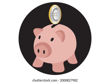
Pig piggy bank of meat color with euro coin on top on black background. Financial education