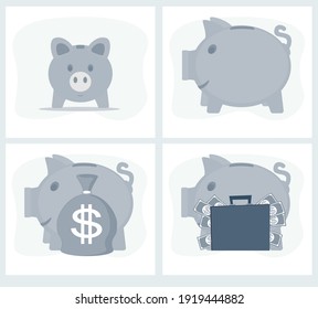 Pig piggy bank with money vector illustration in flat style. The concept of saving or save money or open a bank deposit. The idea of an icon of investments in the form of a toy pig piggy bank.