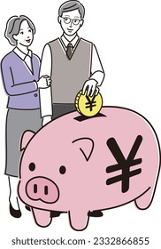 pig piggy bank and old couple