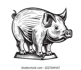 Pig piggy bank on stand old retro sketch hand drawn engraving style Vector illustration.