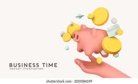 Pig piggy bank in the palm of hand. Money creative business concept. Realistic 3d design gold coins and credit card. Safe finance investment. Financial services. Web site Landing. Vector illustration