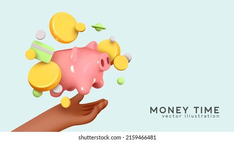 Pig piggy bank in the palm of hand. Money creative business concept. Realistic 3d design gold coins and credit card. Safe finance investment. Financial services. Web site Landing. Vector illustration