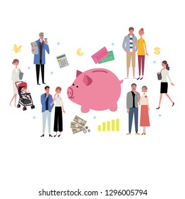 Pig Piggy Bank and people's illustration